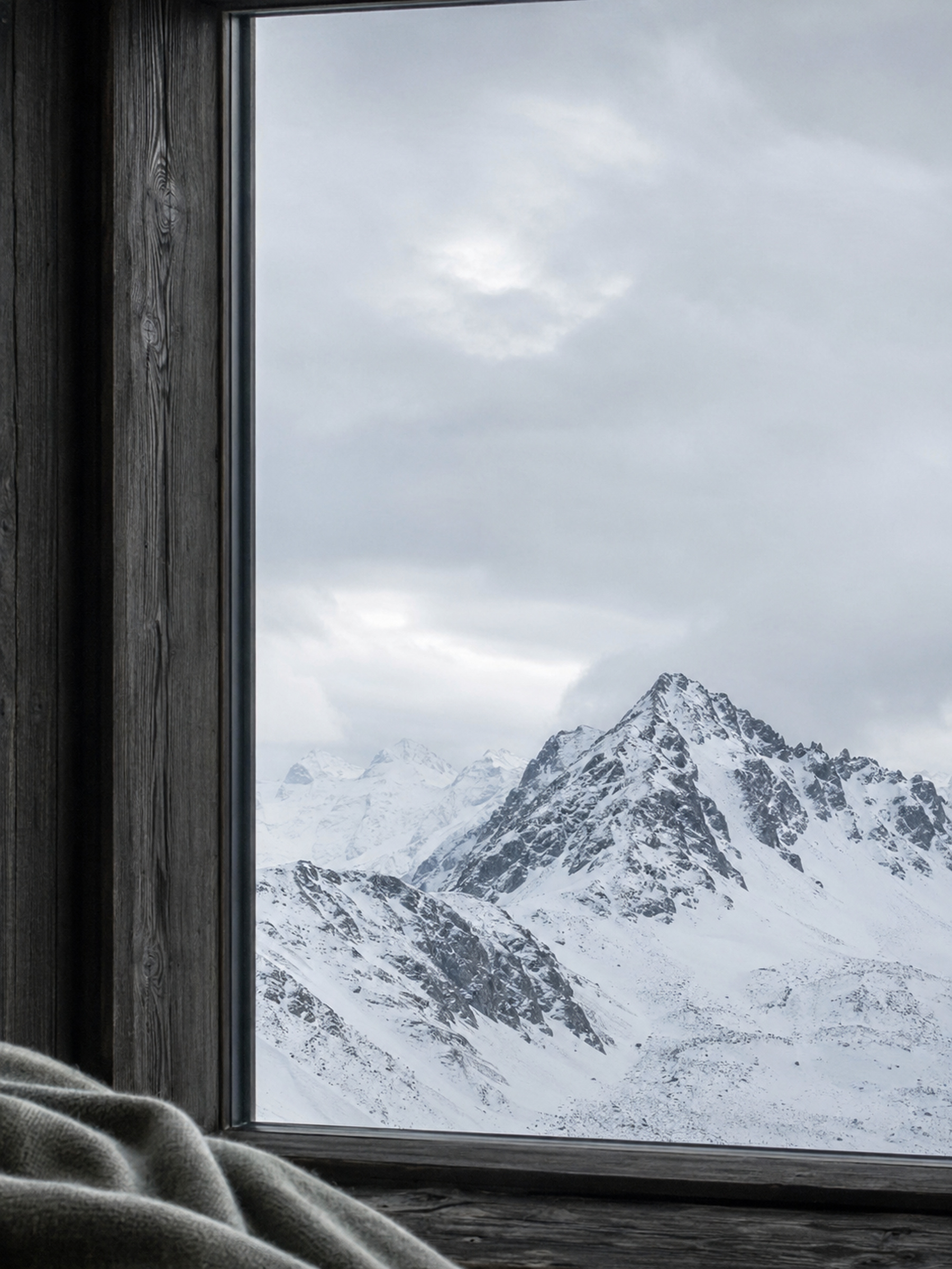 A chalet window opening onto the mountains